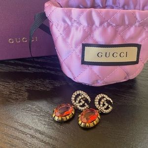 Gucci Gold-Tone Crystal GG Earrings with Red Gem Drops